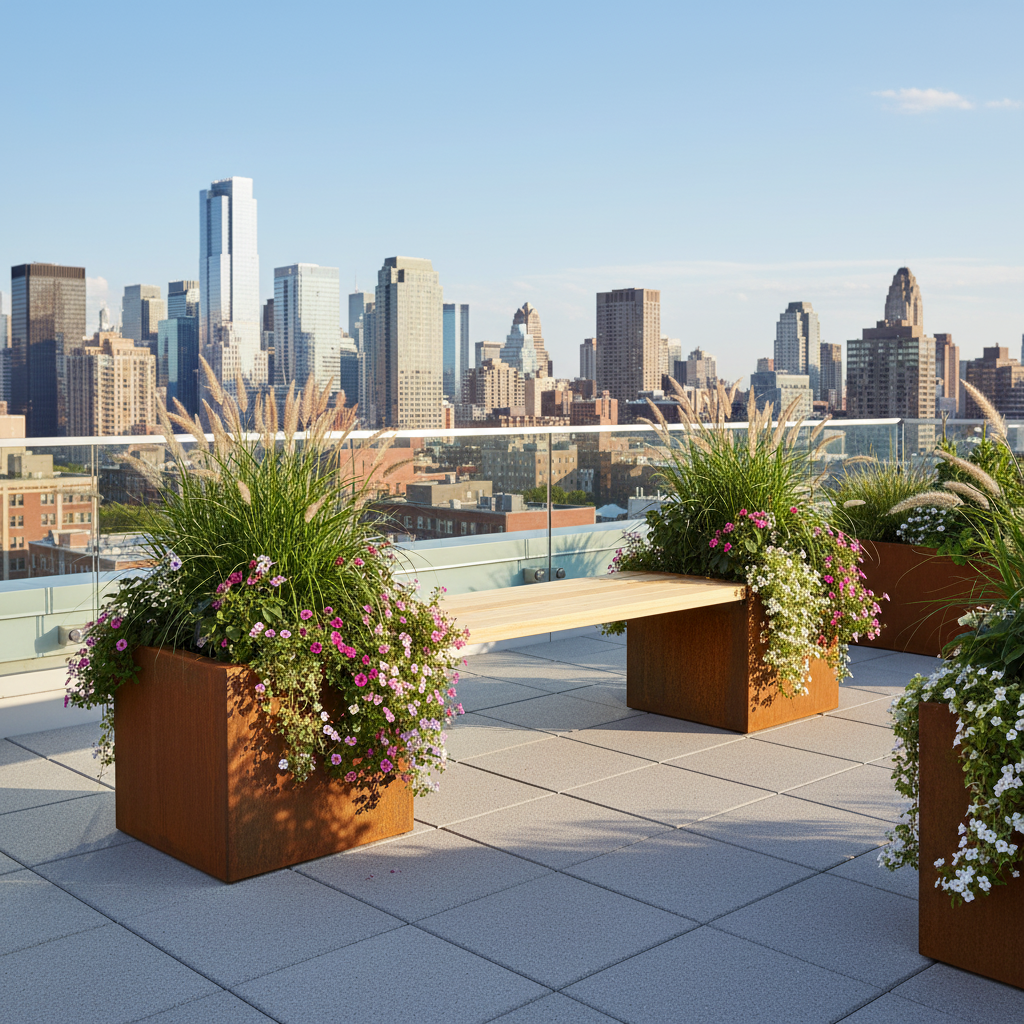 Corten Steel & Timber Bench Planter for Home & Commercial Spaces