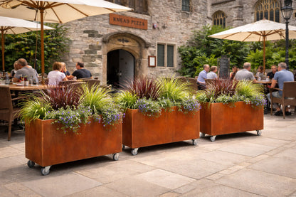Corten Steel Café Planter Trough with Castors UK