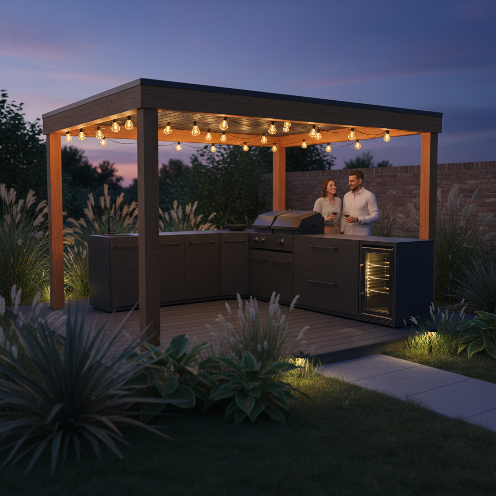 Cozze Elements L Shape Outdoor Kitchen with Gas Grill, Sink, Fridge and Storage