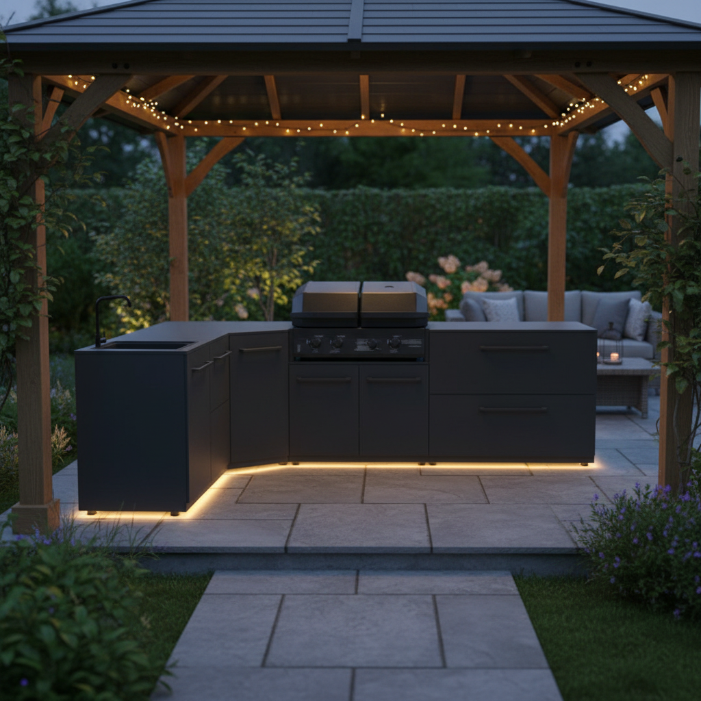 Cozze L Shape Outdoor Kitchen with Gas Grill, Sink and Storage
