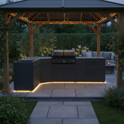 Cozze L Shape Outdoor Kitchen with Gas Grill, Sink and Storage