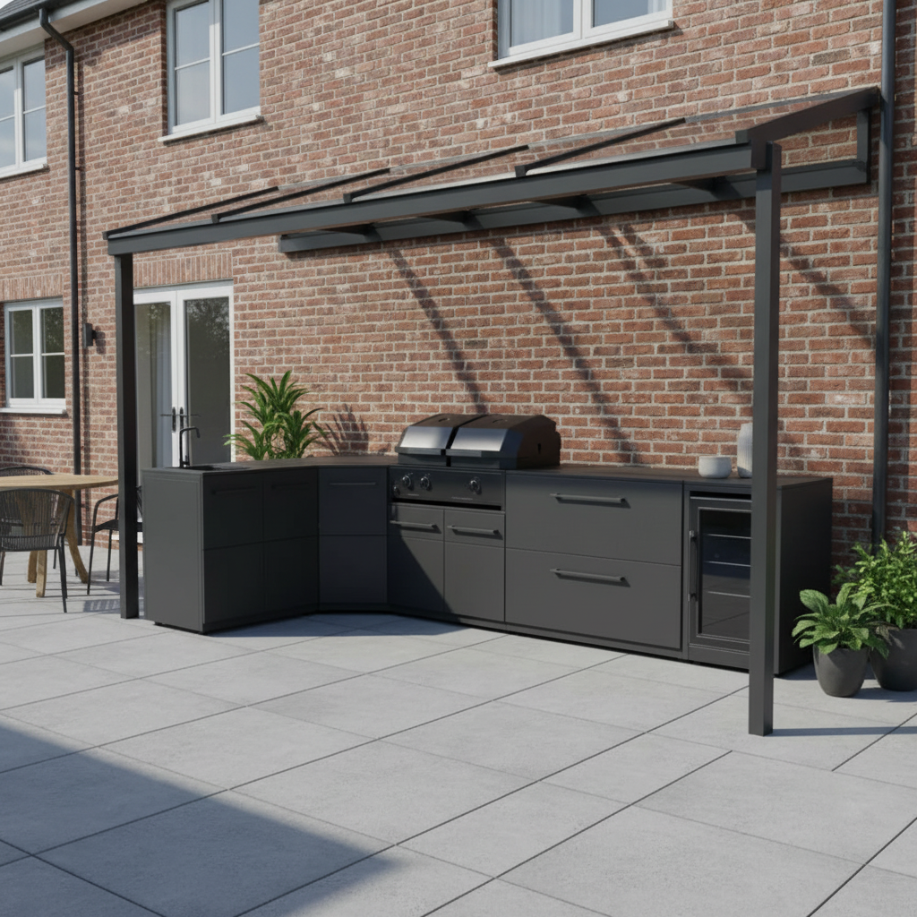 Cozze Elements L Shape Outdoor Kitchen with Gas Grill, Sink, Fridge and Storage