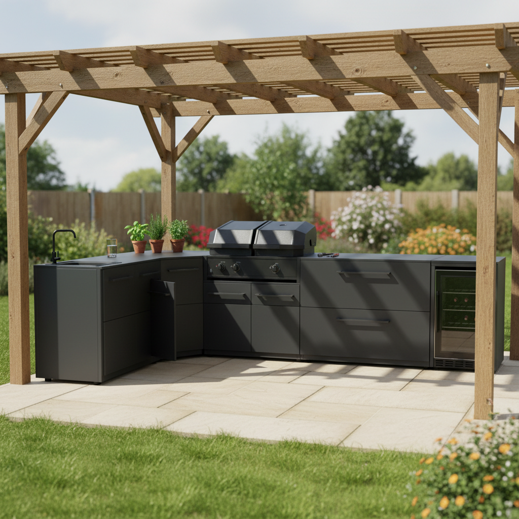 Cozze Elements L Shape Outdoor Kitchen with Gas Grill, Sink, Fridge and Storage