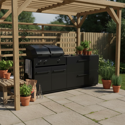Cozze Elements Outdoor Kitchen with Quattro 900 Grill, Pizza Oven, Storage and Compact Design