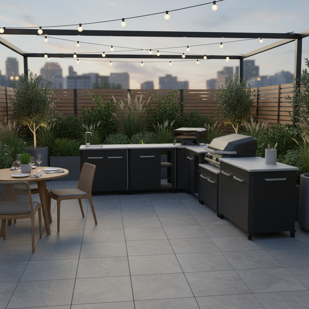 Cozze L Shaped Outdoor Kitchen with G 800 Grill, Sink and Optional Pizza Oven for Garden Cooking