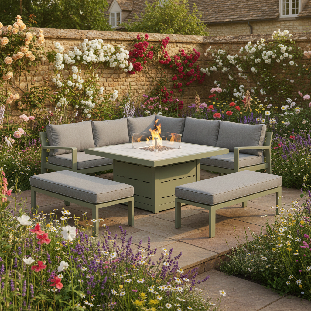 Hex Living Fireside Set in Sage Green with Gas Fire Pit Table