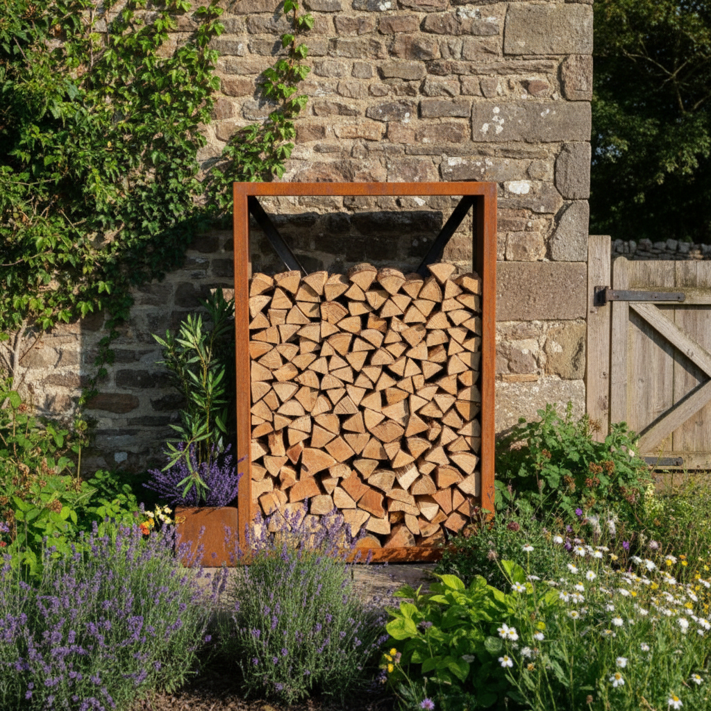 Tall Corten Steel Logstore – Handmade British Outdoor Firewood Storage