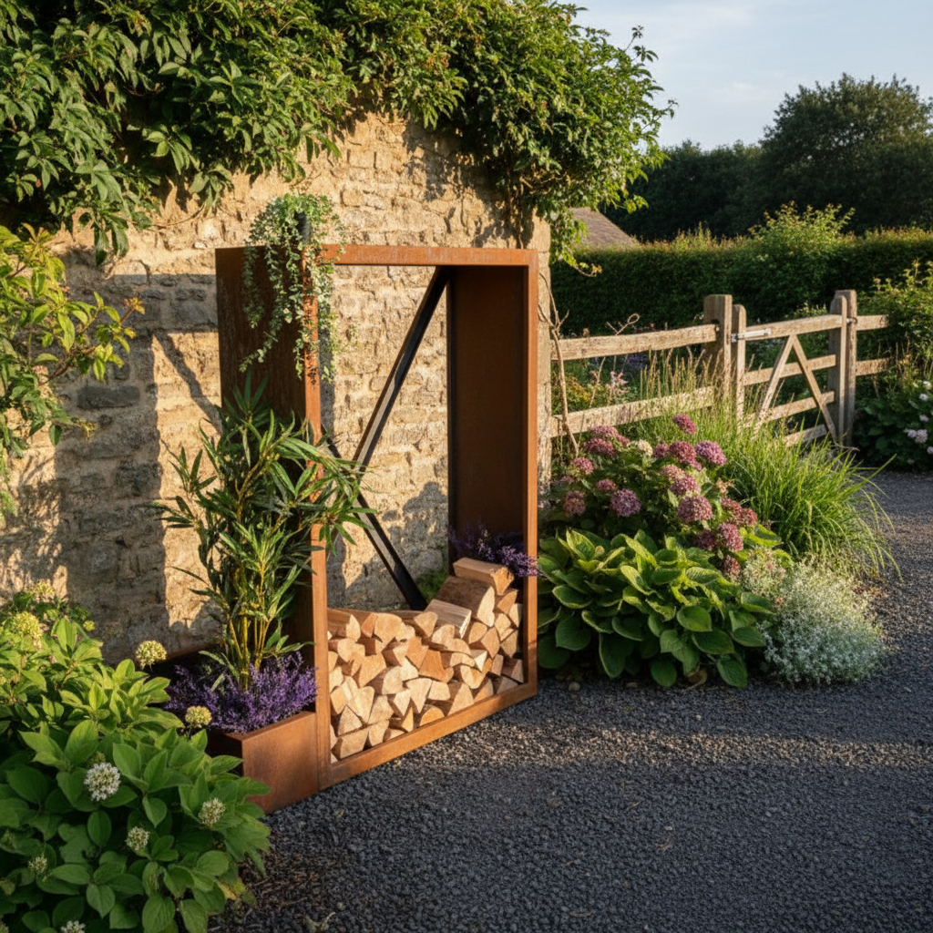 Tall Corten Steel Logstore – Handmade British Outdoor Firewood Storage