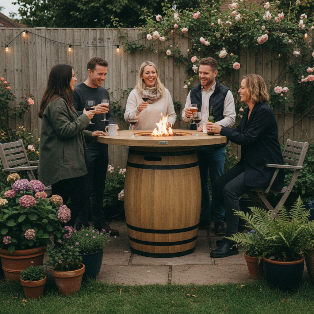 Elementi, Lafite Barrel Fire Table, Rustic Concrete Outdoor Propane, 45000 BTUs