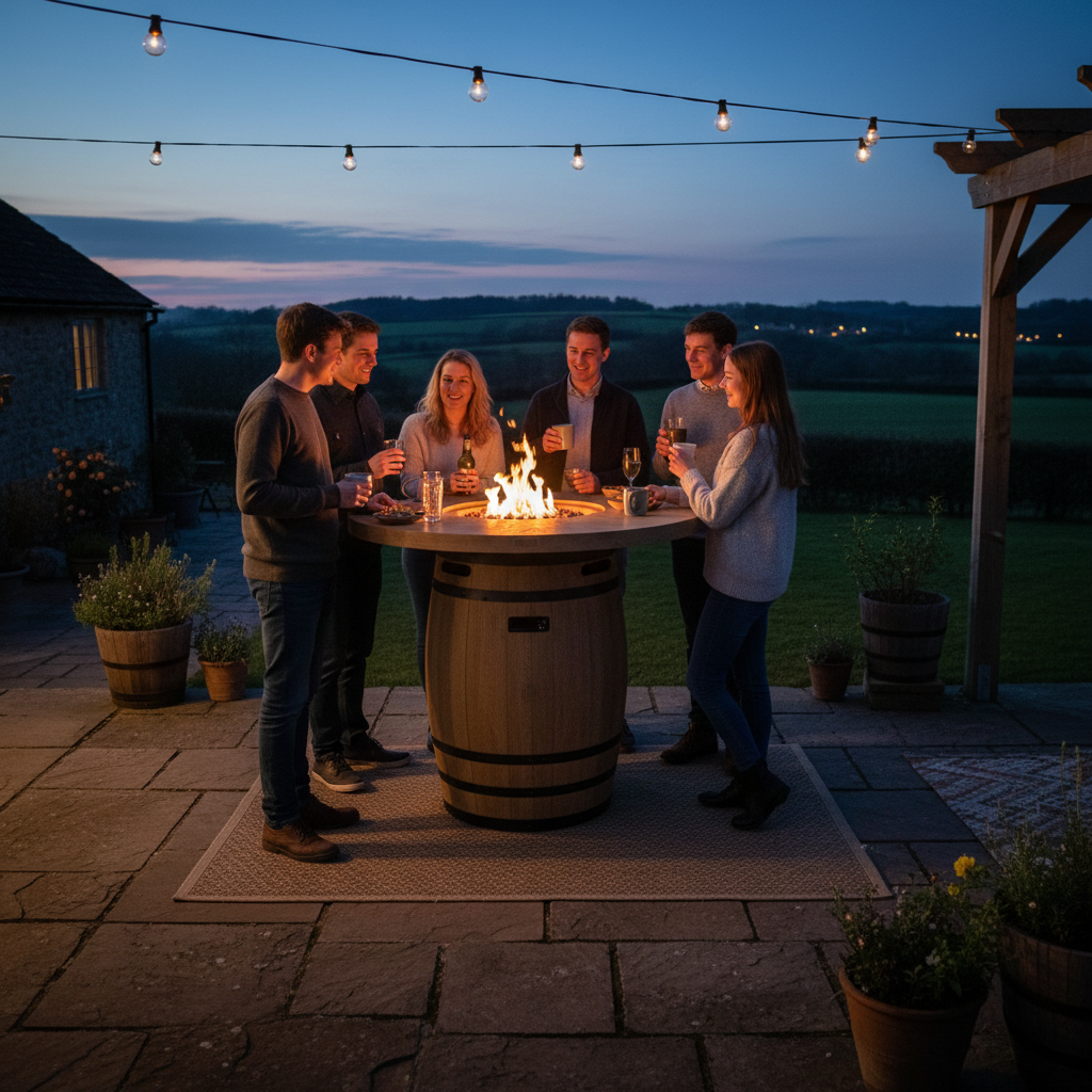Elementi, Lafite Barrel Fire Table, Rustic Concrete Outdoor Propane, 45000 BTUs