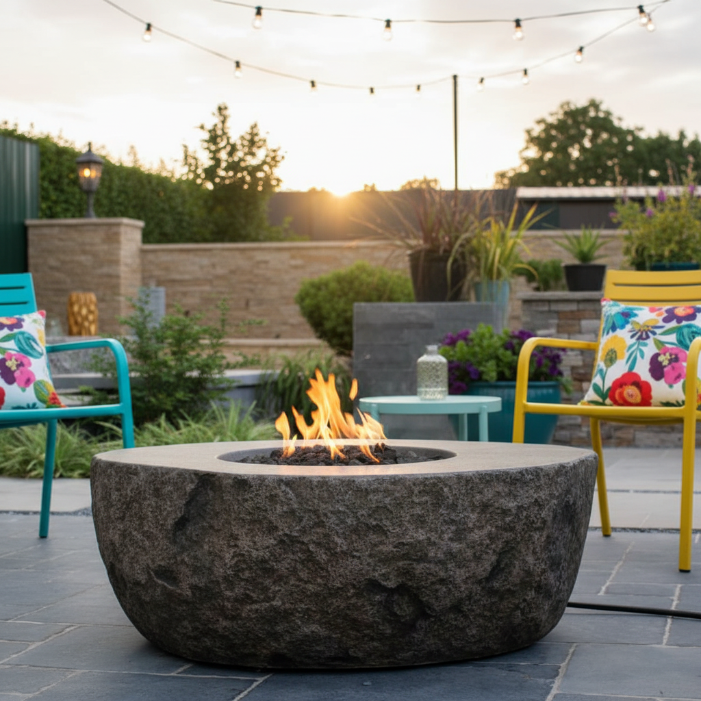 Fire bowl close-up angle funky patio