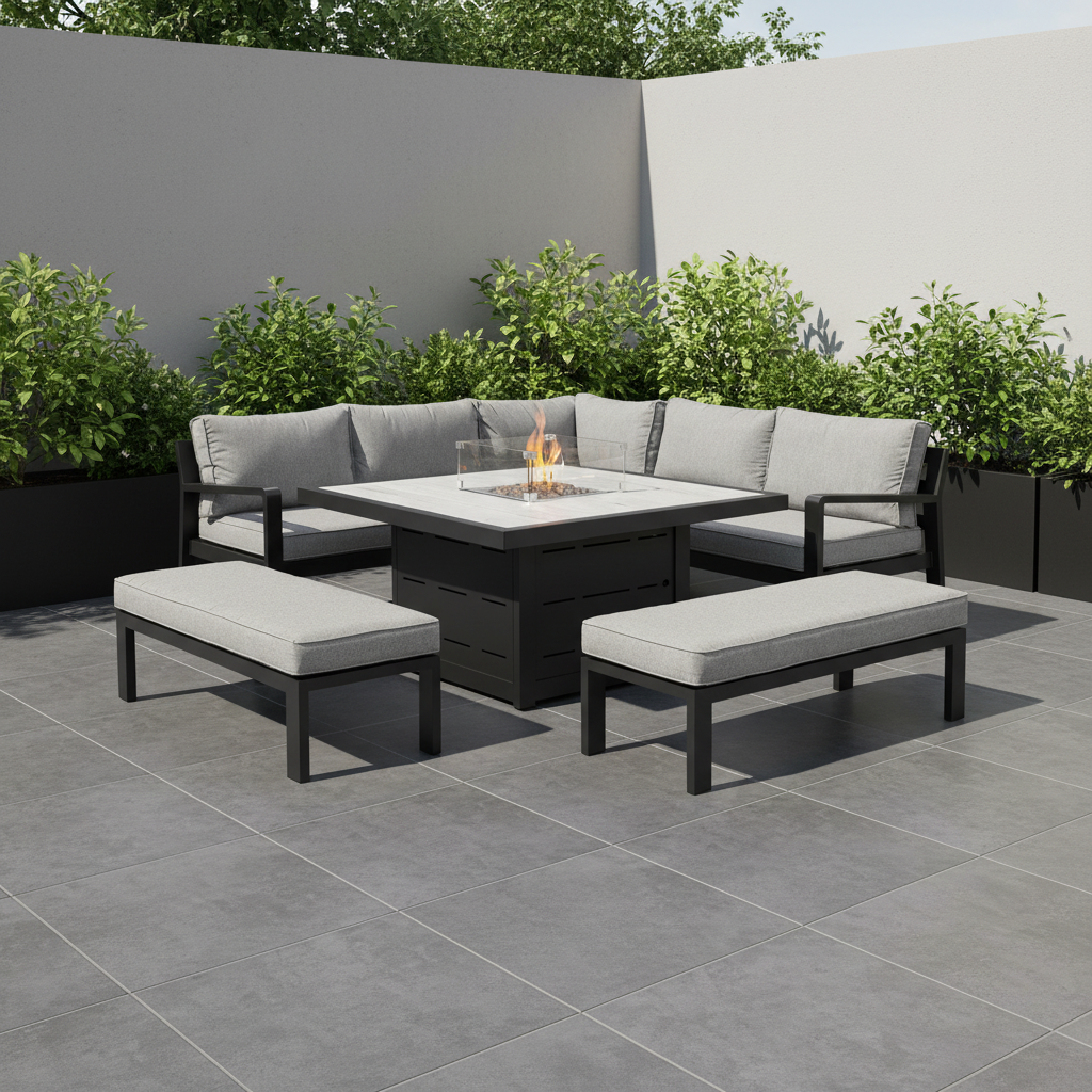Hex Living Fireside Set in Graphite Black with Gas Fire Pit Table