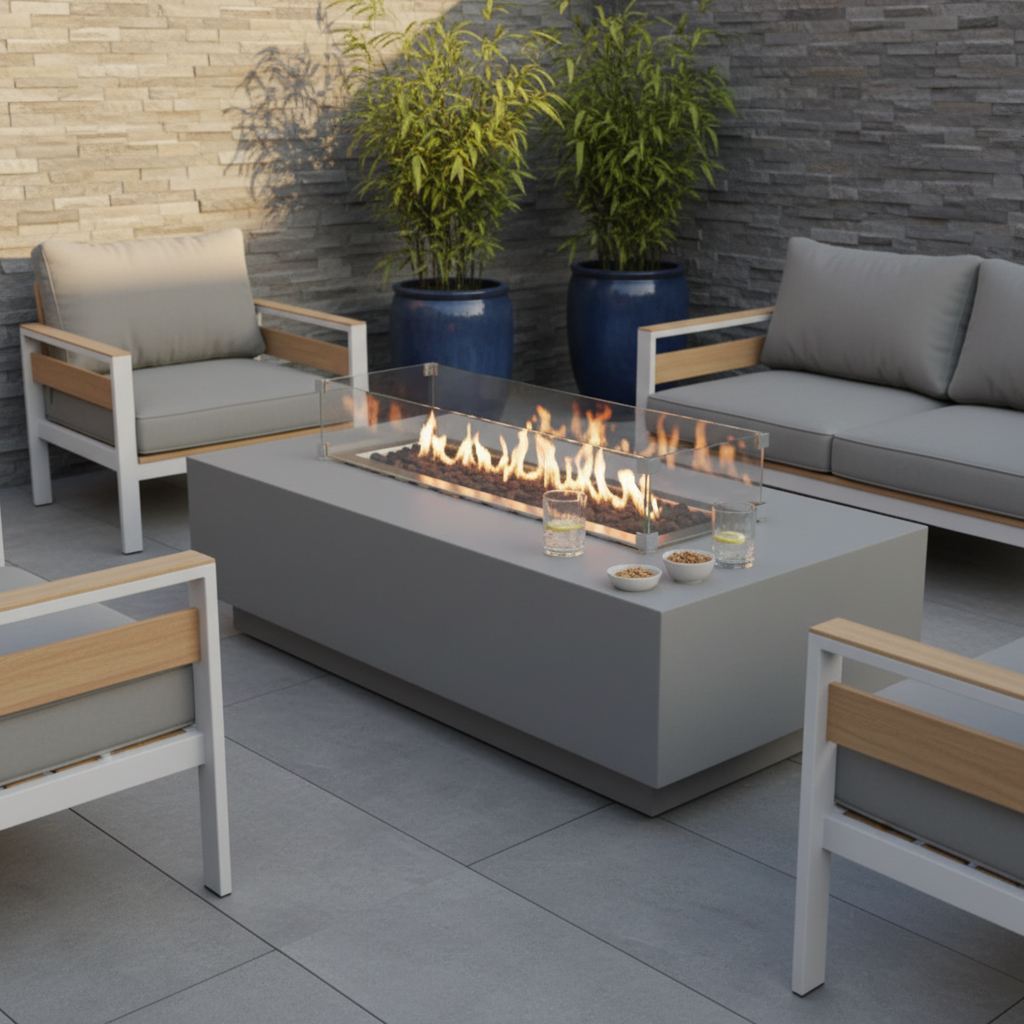 Elementi Granville Light Grey Fire Table | Modern Outdoor Gas Heater