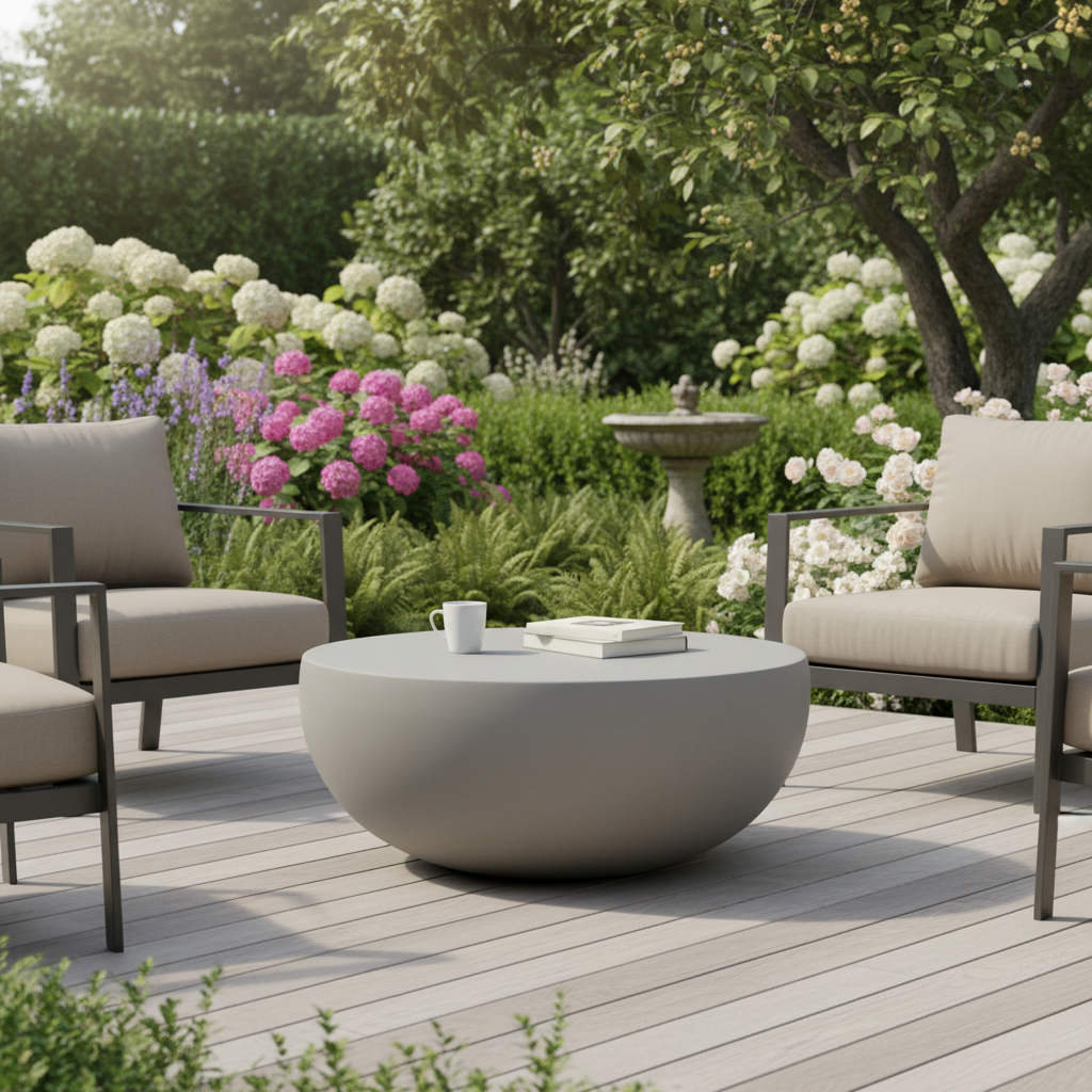 Grey sculptural table in UK garden patio