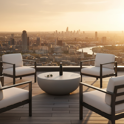 Grey sculptural table on rooftop terrace