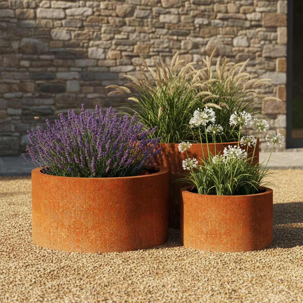 Henley Cylindrical Planter Rustic Patina Steel Outdoor Garden Planter