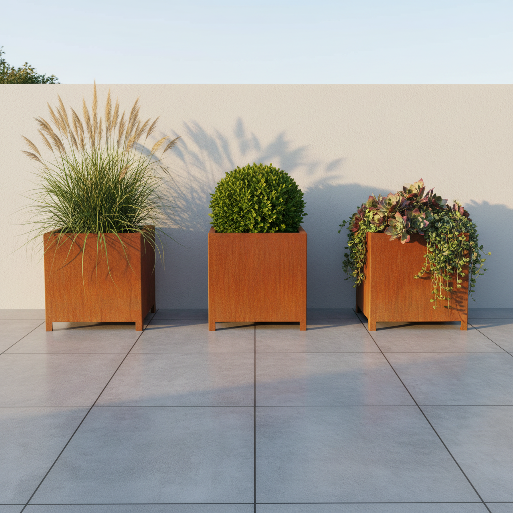 Arden Cube Planter with 90mm Feet in Rustic Patina Steel