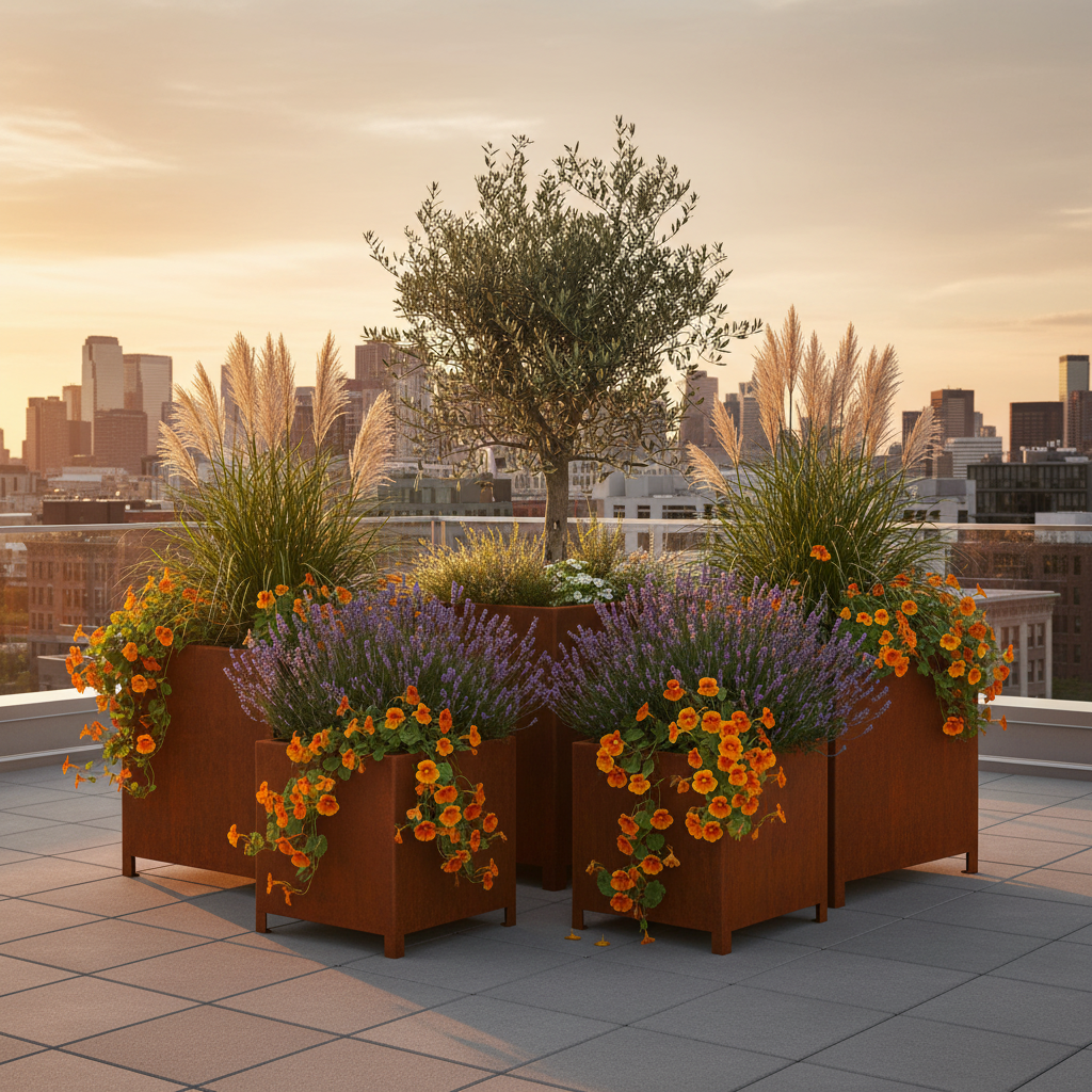 Arden Cube Planter with 90mm Feet in Rustic Patina Steel
