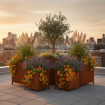 Arden Cube Planter with 90mm Feet in Rustic Patina Steel