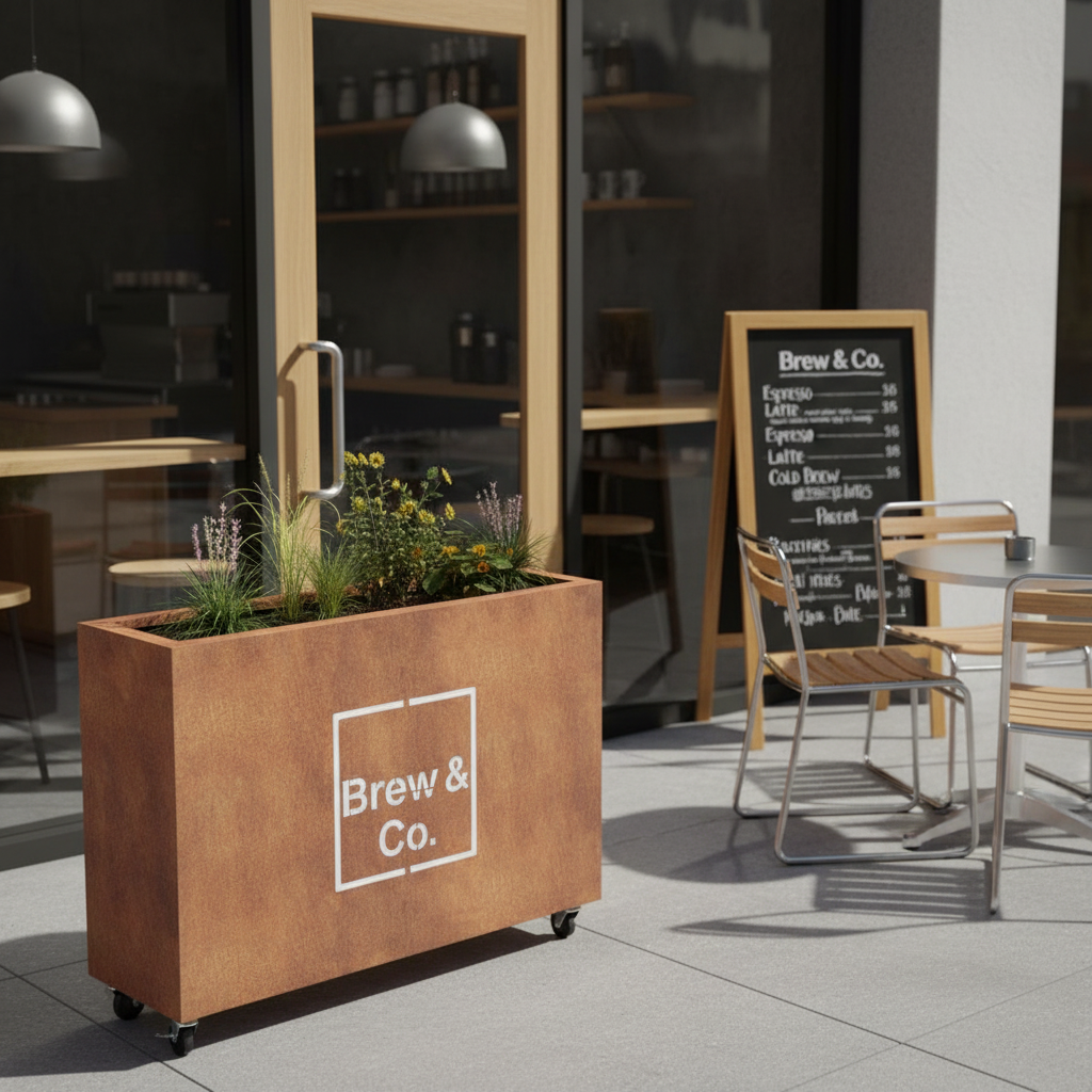 Custom Branded Corten Steel Café Barrier Planter 
