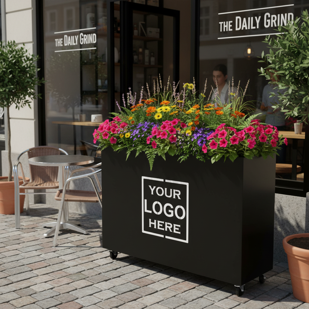 Custom Branded Café Barrier Planter Powder Coated Steel UK