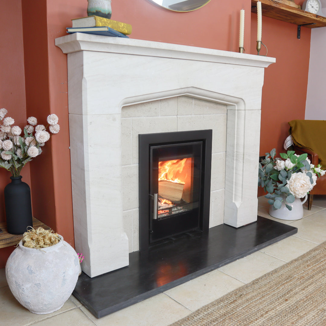 Woodford Kildare Limestone Fireplace – Classic Arched Design