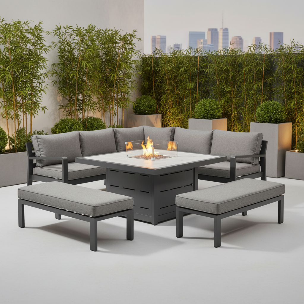Hex Living Fireside Set in Anthracite Grey with Gas Fire Pit Table