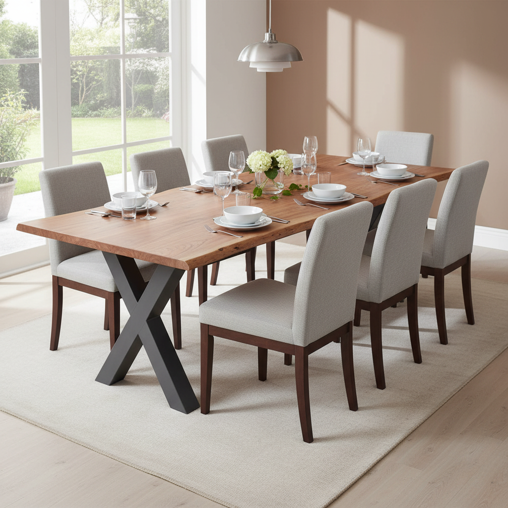 Live Edge Large Dining Table – Acacia Wood & Metal X-Frame