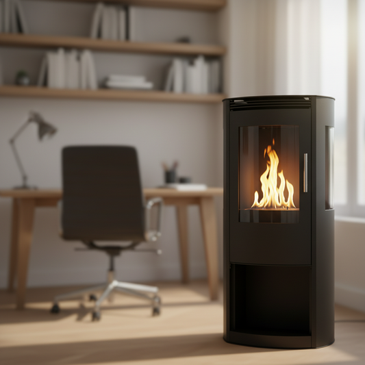 Modern cylindrical fireplace close-up home office 800x800