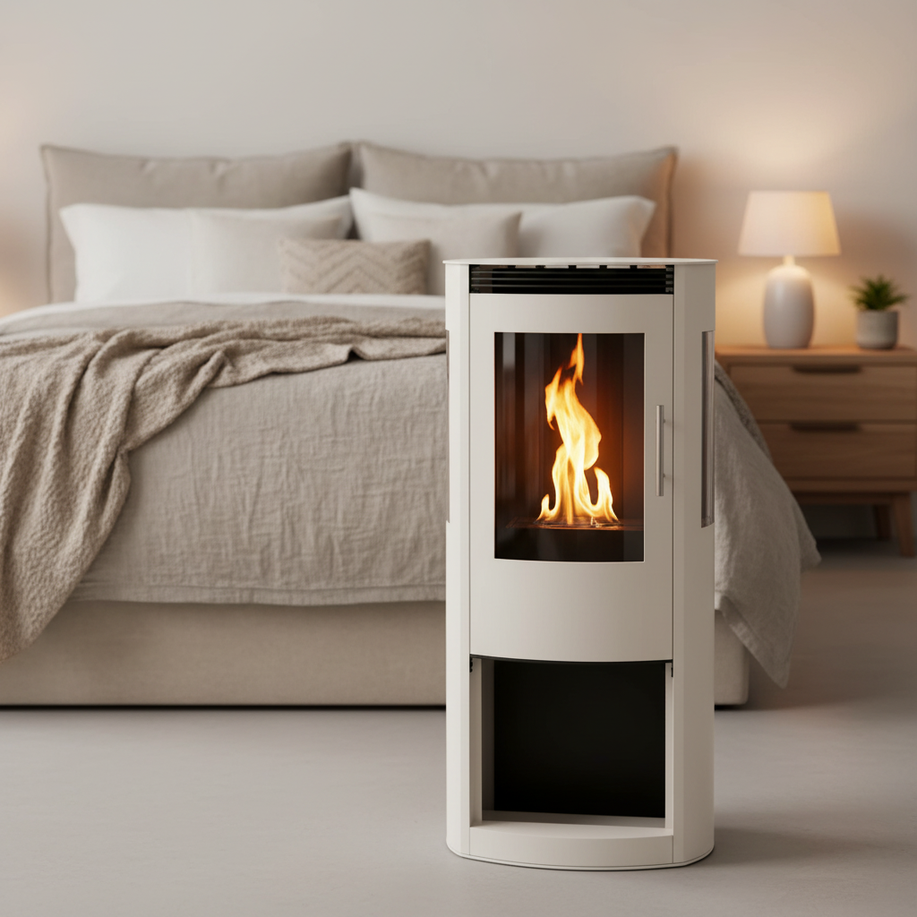 Modern white cylindrical fireplace close-up bedroom 800x800
