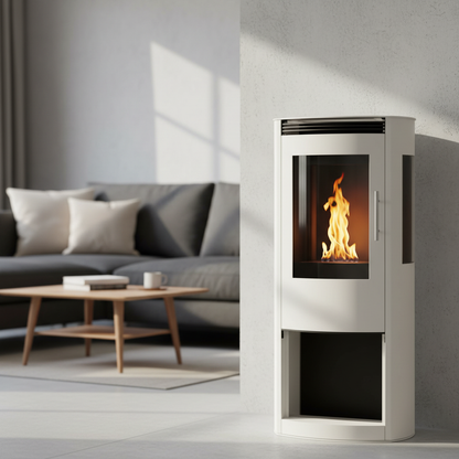 Modern white cylindrical fireplace close-up living room 800x800