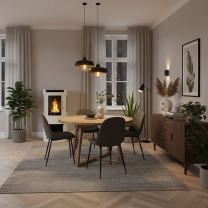 Modern white cylindrical fireplace full dining room context 800x800