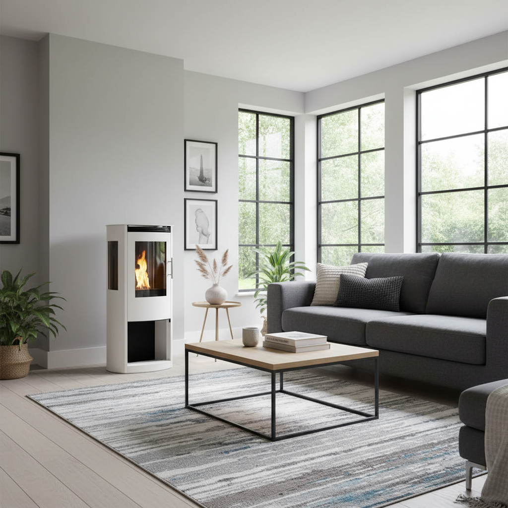 Modern white cylindrical fireplace full living room context 800x800