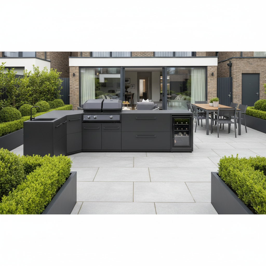 Cozze Elements L Shape Outdoor Kitchen with Gas Grill, Sink, Fridge and Storage