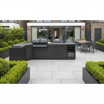 Cozze Elements L Shape Outdoor Kitchen with Gas Grill, Sink, Fridge and Storage