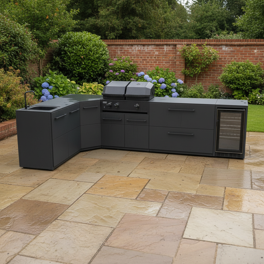 Cozze Elements L Shape Outdoor Kitchen with Gas Grill, Sink, Fridge and Storage