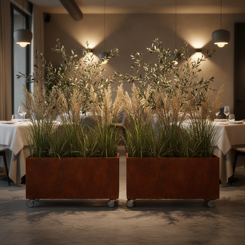 Corten Steel Café Planter Trough with Castors UK