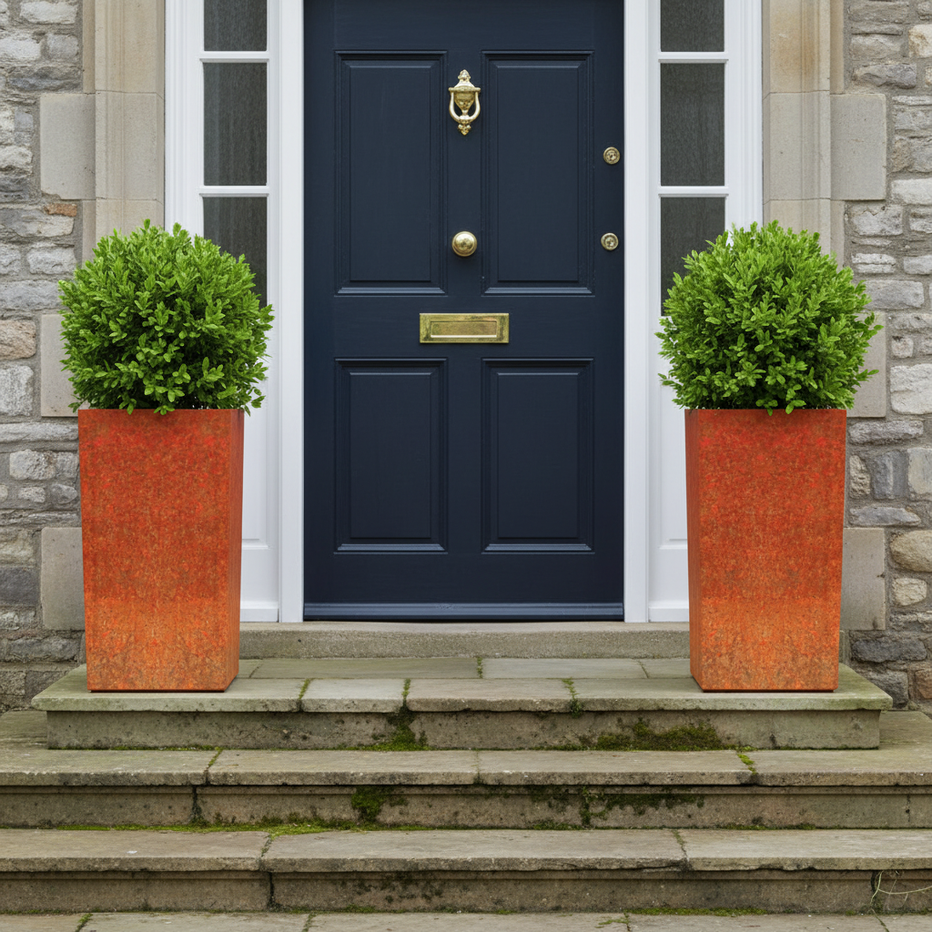 Tatton Column Planter Rustic Patina Steel Outdoor Garden Planter