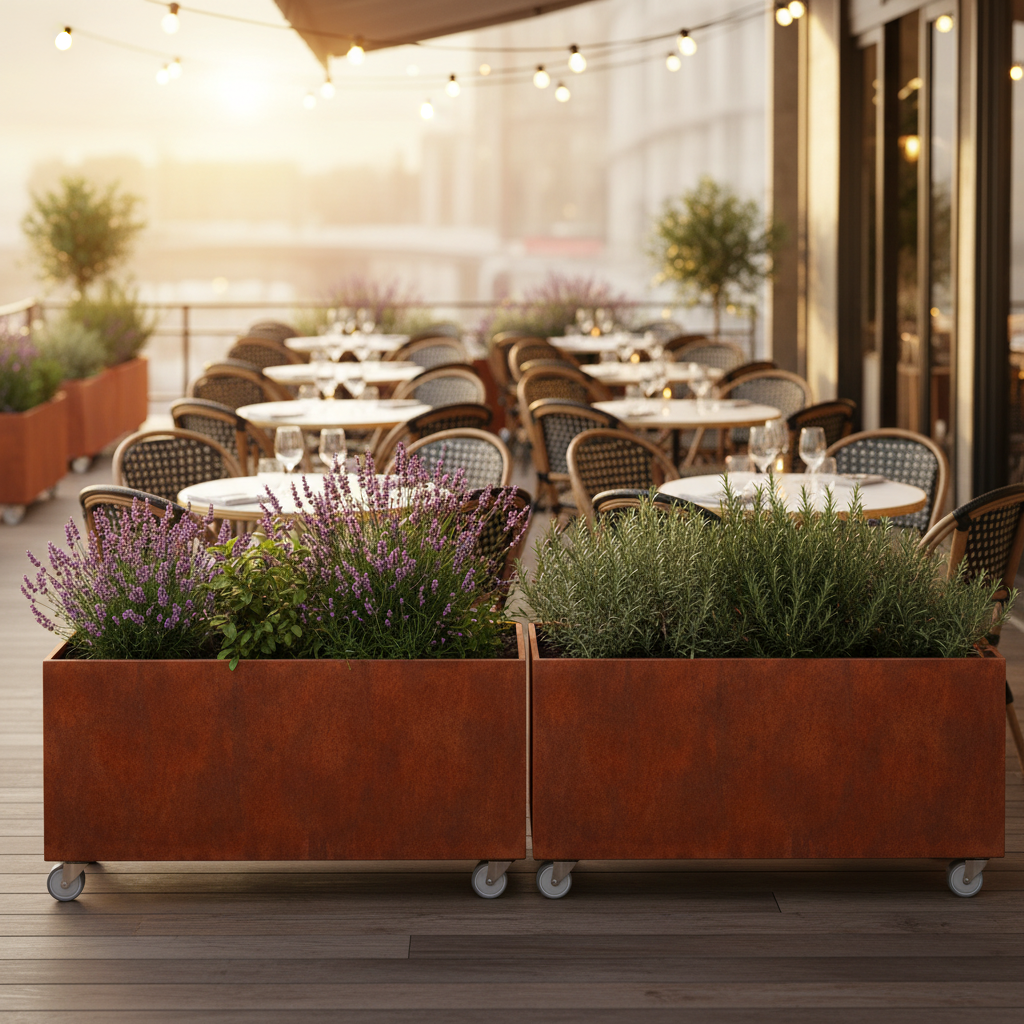 Corten Steel Café Planter Trough with Castors UK