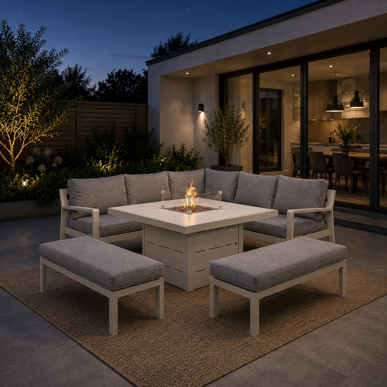 Hex Living Fireside Set in Pebble Grey with Gas Fire Pit Table