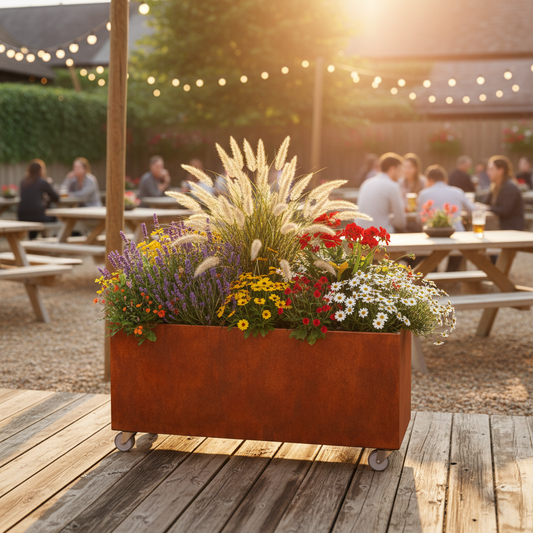 Corten Steel Café Planter Trough with Castors UK