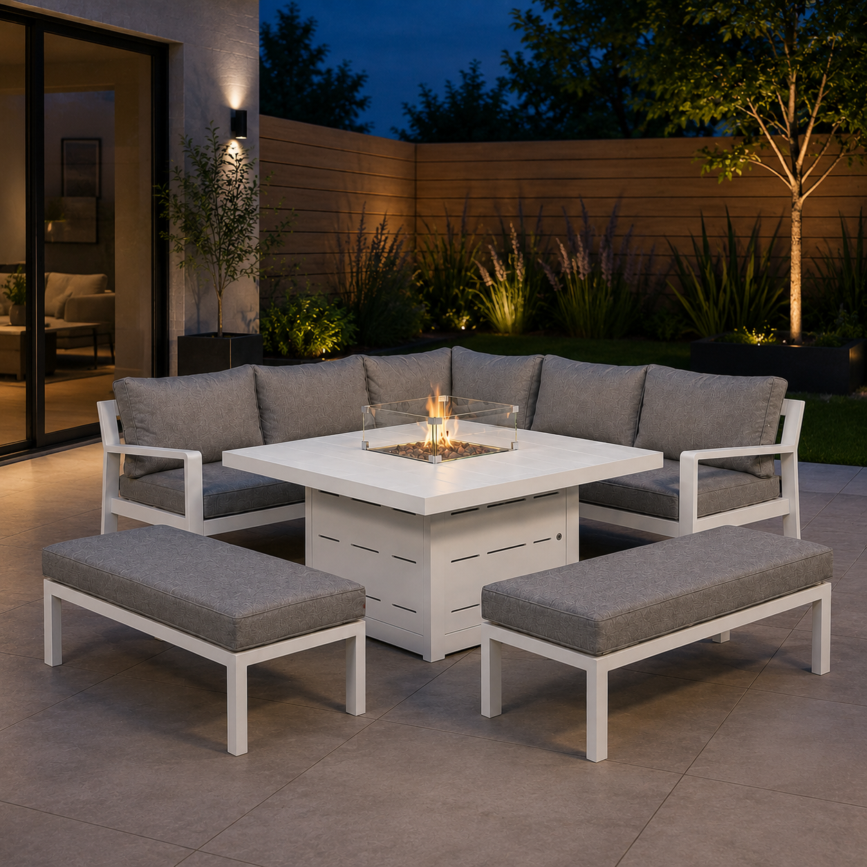 Hex Living Fireside Set in Porcelain White with Gas Fire Pit Table