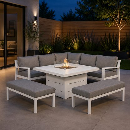 Hex Living Fireside Set in Porcelain White with Gas Fire Pit Table