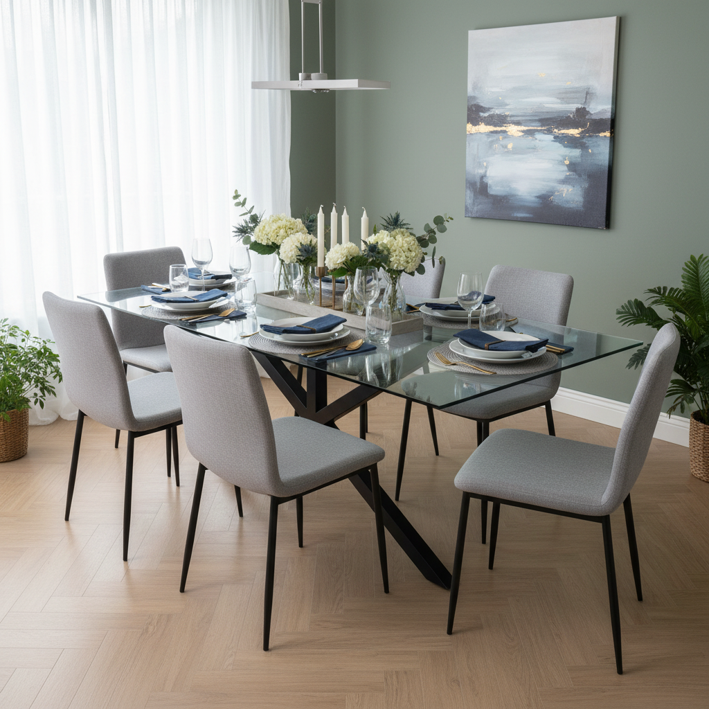 Rectangular glass dining table set up for dining