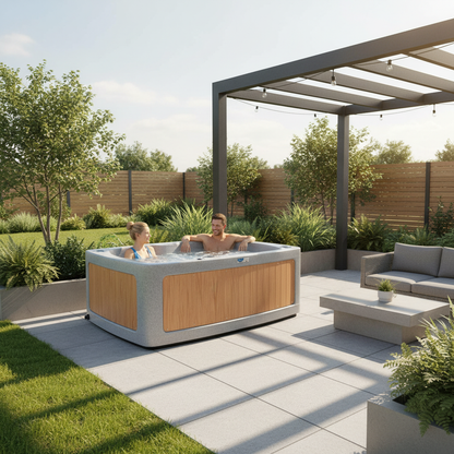 Rectangular hot tub with people in daytime
