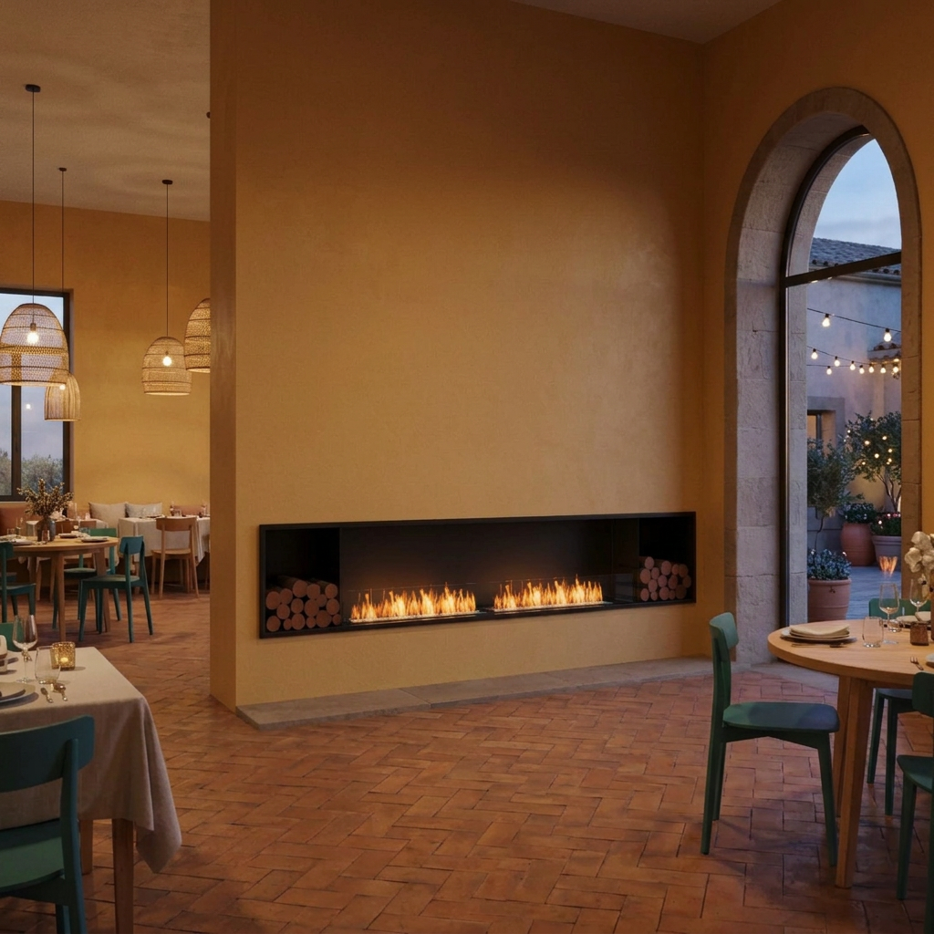 Revised Spanish restaurant with generous wall space on both sides of the fireplace