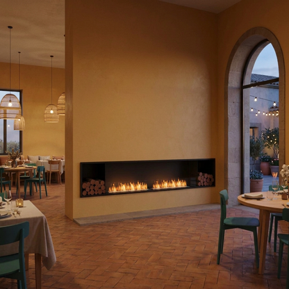 Revised Spanish restaurant with generous wall space on both sides of the fireplace