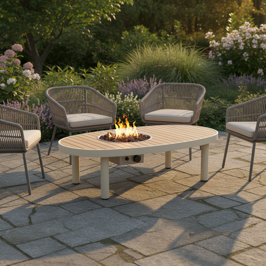 Happy Cocooning, Riviera, 140cm Oval Teak Gas Fire Table - Oyster Beige