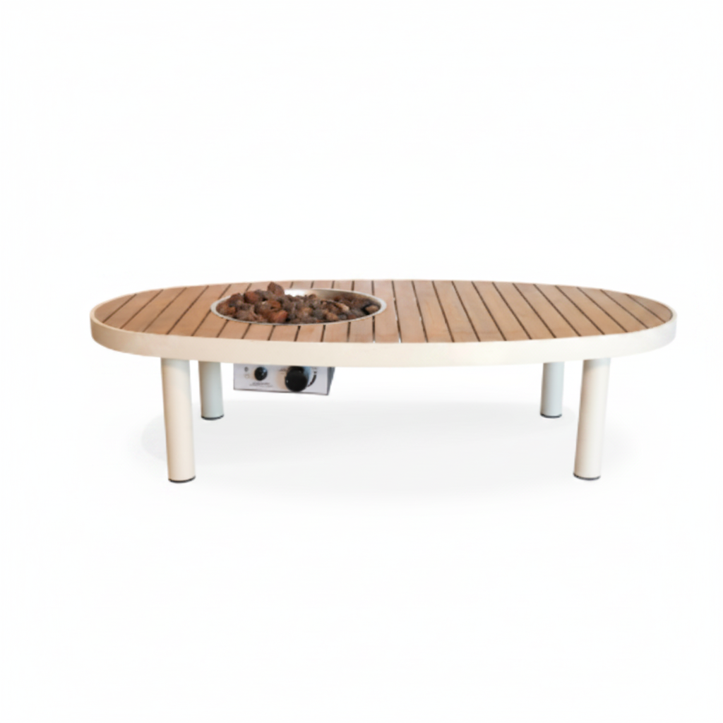 Happy Cocooning, Riviera, 140cm Oval Teak Gas Fire Table - Oyster Beige