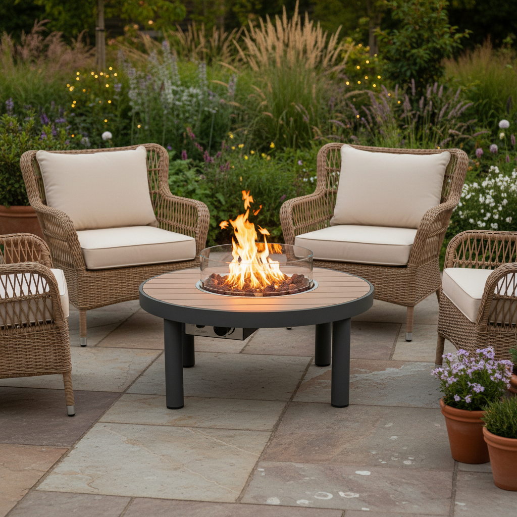 Happy Cocooning, Riviera, 80cm Teak and Aluminium Gas Fire Table  - Anthracite